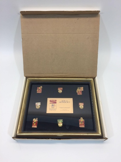 1984 Olympics Coca-Cola Commemorative Pin Set in Original Box 10x12.5in