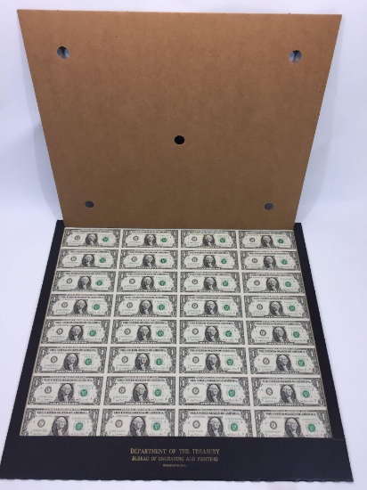 Sheet of Uncut U.S. Dollar Bills in Cardboard Case