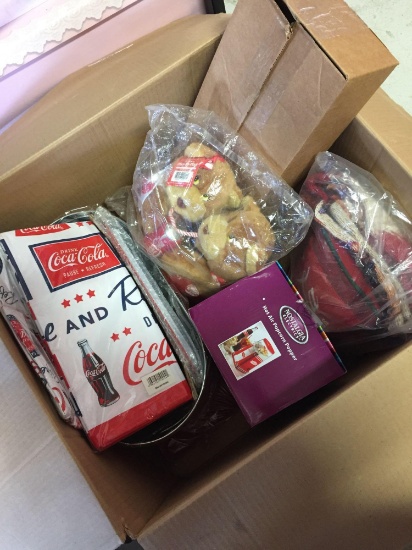 Box of Coca-Cola Paraphernalia - Teddy Bears, Blanket, Cooking Supplies, etc