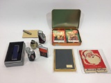 Vintage cigarette case, matches, playing cards, lighters