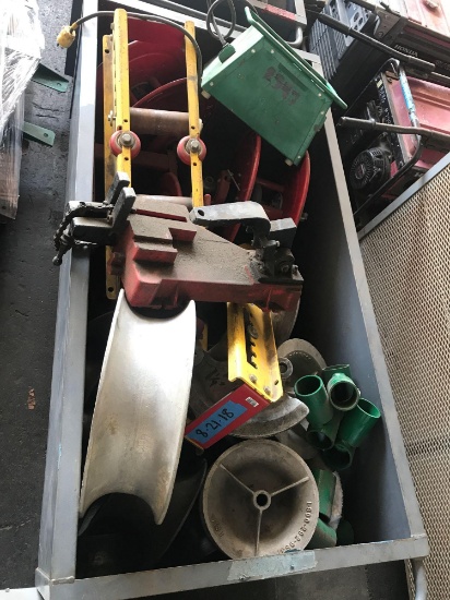 Rolling Metal Bin Full Of Pulleys Air Hose Reels