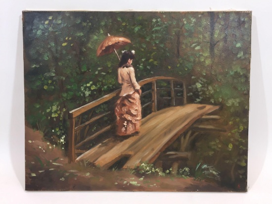 Popovic Lady On Bridge Oil on Canvas 16x20in Initials say LR.