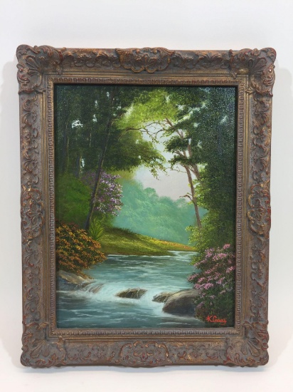 Oil on Canvas Framed 12x16 Initialed LR Tag Says Kristina Casay The Country Stream