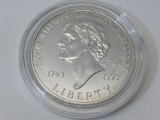 1993 P Uncirculated Thomas Jefferson Silver Dollar Coin with CoA