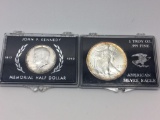 1989 American Silver Eagle 1oz Fine Silver Dollar, 1964 John F. Kennedy Memorial Half-Dollar, lot of