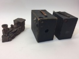 Vintage Camera Boxes, Eastman Kodak Co., & Train Coin Bank