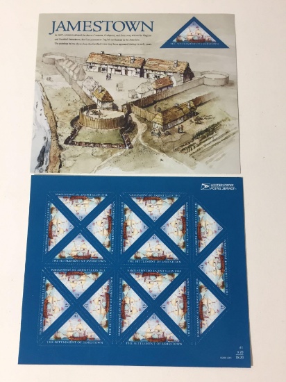 2 The Settlement of Jamestown US Stamp Sheets, Each Sheet has 20 x $0.41 Cent Stamps