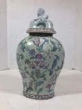 Vintage Hand-Painted Floral Chinese Porcelain 16in Tall Urn Vase with Lid