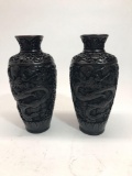 Carved Wood Asian Dragon Vase 2 Units