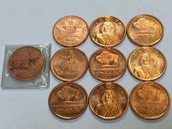 Lot 10 One Ounce .999 Fine Copper Coins, Lakota Currency