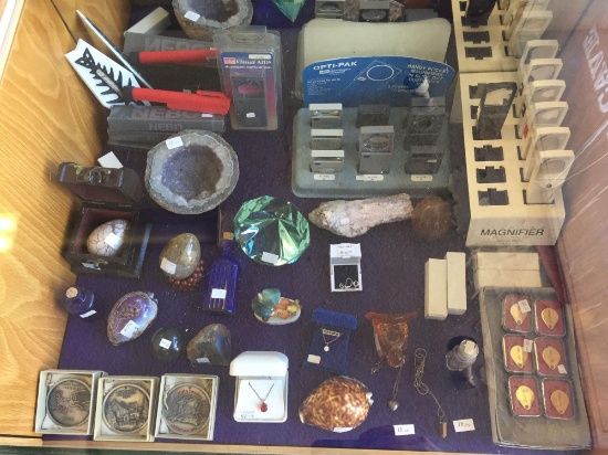 Shelf Contents, Jewelry, Geodes, Medals, Stones, Shells, Jewelers Loops, etc