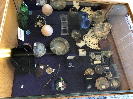 Shelf Contents, Shells, Geodes, Jewelry, and More
