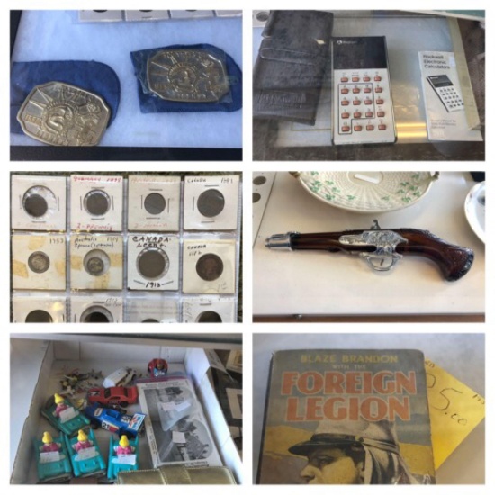 Shelf Contents, Glass Pistol, Interesting Coins, Mini-Safe, Steins, More