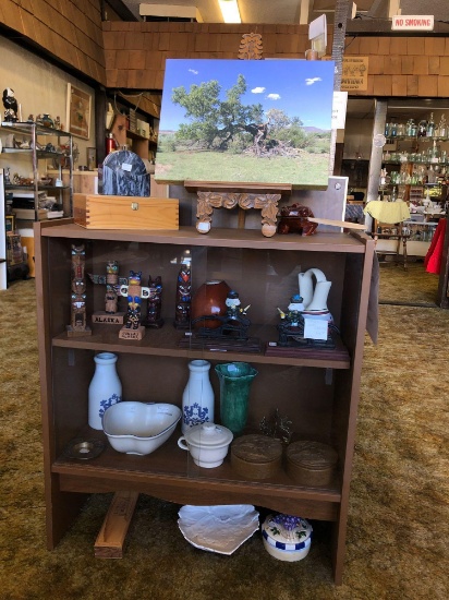 3ft Tall Wood and Glass Display Cabinet, Contents Included