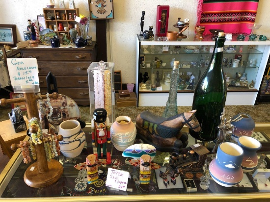 Shelf Contents, Gem Jewelry, Totem S&P Shakers, Beautiful Pottery, Wooden and Glass Decor