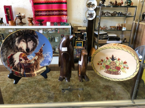 Shelf Contents, Wood Penguins, Indian Plate, Rounded Box