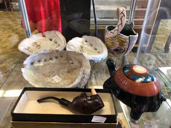 Shelf Contents, Rhino Pipe, Large Clam Shells, Ceramic Turtle