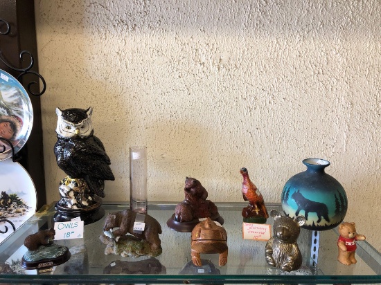 Shelf Contents, Animal Figurines, Wild Turkey Decanter, more