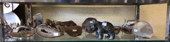 Shelf Contents, Decorated Mining Geodes, Cool Rocks, Bear Figurine, More Rocks