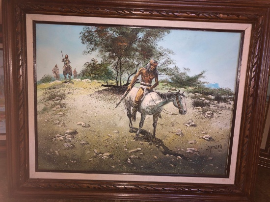 Framed Navajo Horseman Painting by Omaro, 26x32 Inches