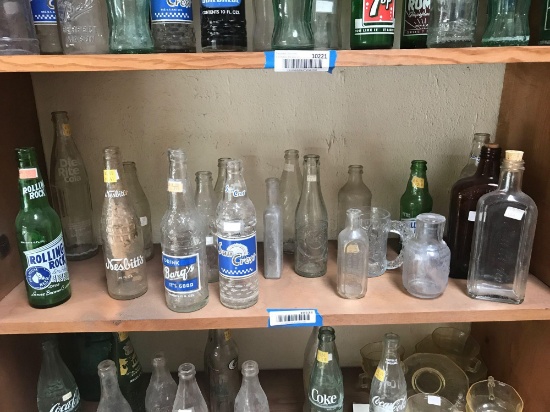 Shelf of Vintage Soda Bottles 19 Units