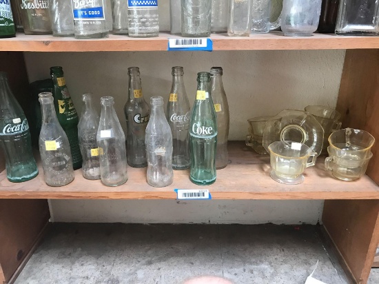 Shelf Vintage Soda Bottles Depression Glass 26 Units