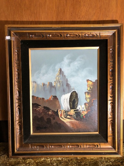 Large Framed Oregon Trail Painting, Name appears to be M. Merina, 31x26 Inches