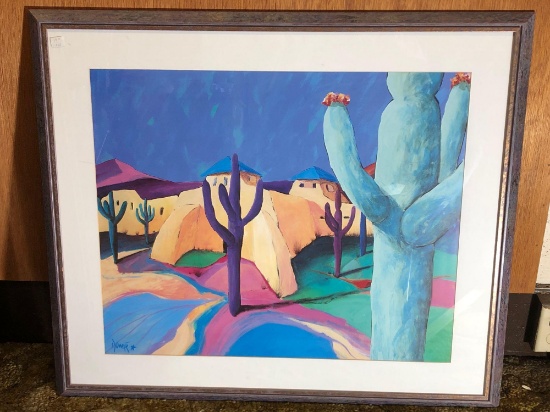 Framed Cactus Adobe Village Painting, name appears to be Donne, 30x34 Inches