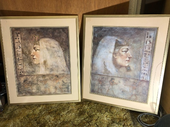 2 Framed Egyptian Pharoah Queen Drawings, name appears to be Parrish, both 27x33 Inches