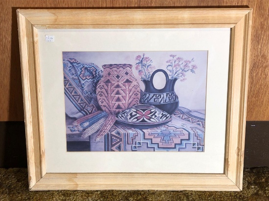 Framed Pottery Drawing, Wolf M. Otto, Native American Corn & Pottery, 20x24 Inches