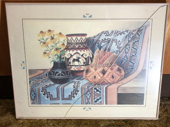 Framed Native American Corn, Blanket & Pottery Drawing, Wolf M. Otto, 23x28 Inches