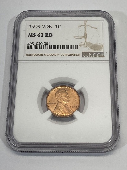 1909 VDB 1 U.S. Cent Coin NGC Graded MS 62 RD, Lincoln Wheat Penny