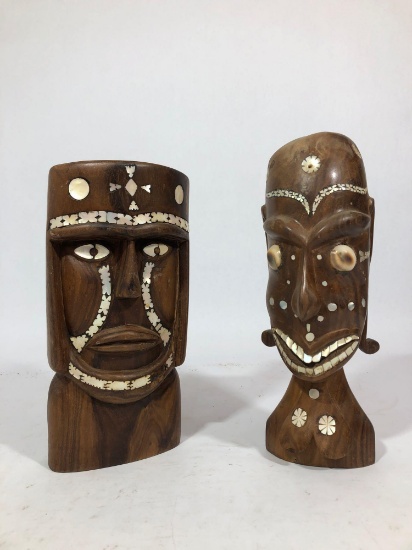 2 Units Tribal Decorated Carved Wood Face Figures