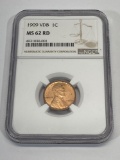 1909 VDB 1 U.S. Cent Coin NGC Graded MS 62 RD, Lincoln Wheat Penny