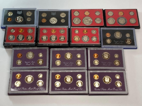 Collection of 14 United States Mint Proof Sets of Coins 1968-1992 in Original Packaging