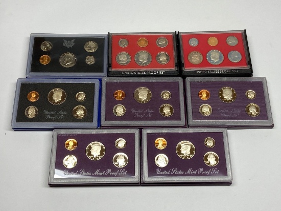 Collection of 8 United States Mint Proof Sets of Coins 1971-1992 in Original Packaging