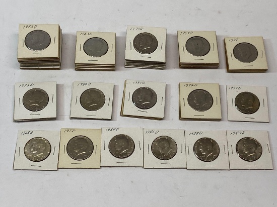 47 Kennedy Half Dollars, Collection of U.S. 50 Cent Coins 1968-1989