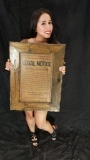 Framed 1909 Maximum Work Hours Legal Notice 19x25in