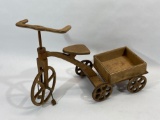 Vintage Wood Tricycle Cart for Dolls 14in Tall, 23in Long
