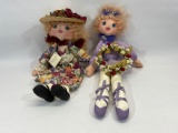 2 Hand Signed 1994 Ambrosia Soft Sculpture Dolls with Hat and Wreath