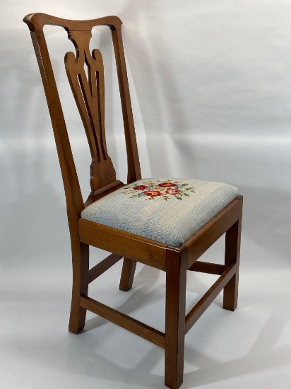 Antique Wood Chippendale Chair with Floral Needlework Covering 40in Tall