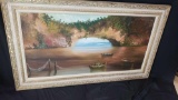 large painting fishing 32in tall 57in wide signed