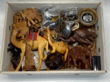 Carved Wood Elephant & Camel Figurines, Metal Statues, Snuff Boxes, etc