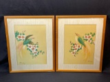 Pair of 2 Framed Signed Bird of Paradise Art, Each 17x21in