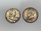 2 Silver Half Dollars, 1950 Franklin, 1964 Kennedy, U.S. 50 Cent Silver Coins