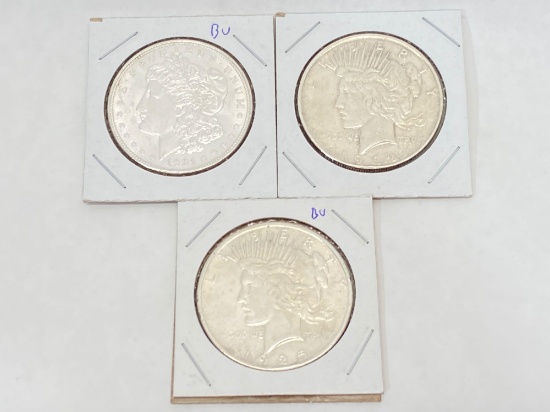 3 U.S. Silver Coins, 1921 Morgan Dollar, 1922 Peace Dollar, 1925 Peace Dollar