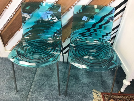 Art Deco Plastic Metal Aqua Chairs 2 Units