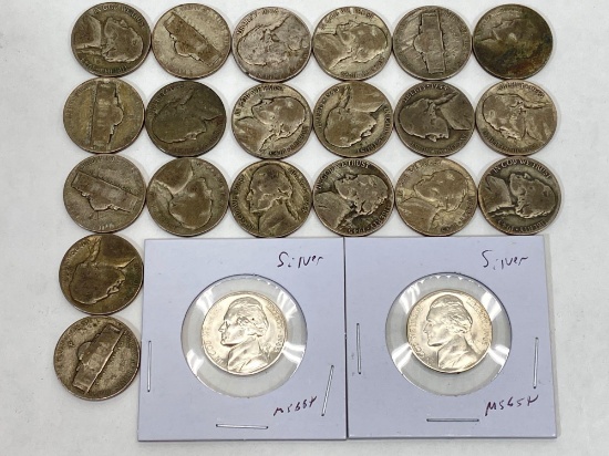 22 Jefferson Silver War Nickels, 1942, 1943, 1944, 1945