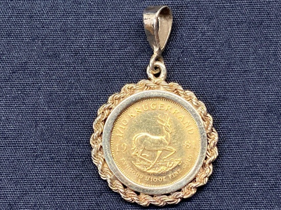 Gold Pendant with South Africa 1981 Krugerrand 1/10 oz Fine Gold Coin