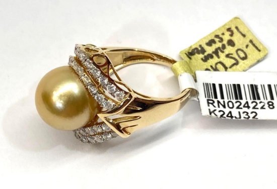 12mm South Sea Pearl & 1.05ct Diamonds, 14K Gold Ring, Size 7, Certified & Graded by AIGL